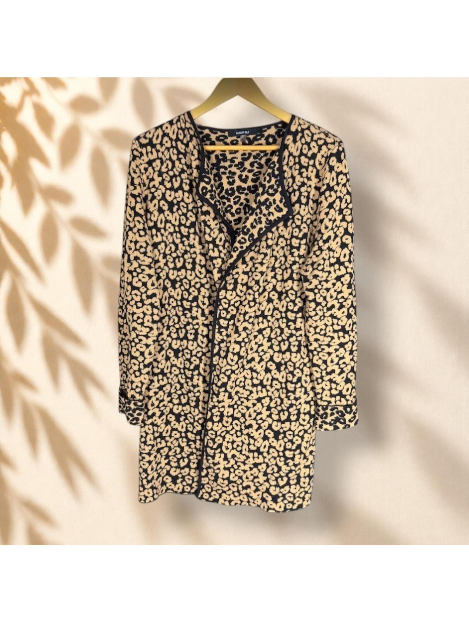 August Silk Cardigan Women L Large Brown Animal Print Open Front Long Sleeve